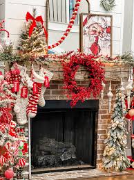 red and white christmas mantel