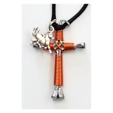 orange horseshoe nail cross necklace w