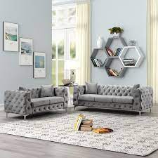 morden fort modern contemporary 2 piece of loveseat and sofa set with deep on tufting dutch velvet top in gray