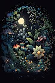 A Painting Of A Moonlit Garden With