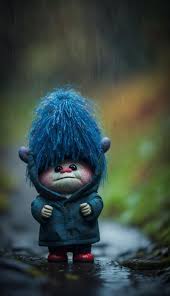 troll doll in the rain with a blue hat