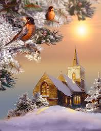 Winter Scene With Robins And Church