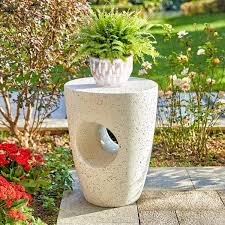 Glitzhome 18 In H Multi Functional Mgo Stone White Terrazzo Outdoor Side Table Or Garden Stool Or Planter Stand