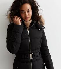 Tall Black Faux Fur Trim Hooded Belted
