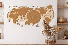 Clock World Map Wooden Wall Art Gráfico