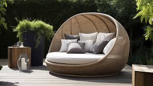 an elegant rattan day bed in a backyard