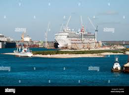 the cruise ship surrounded by cranes