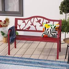 2 Person Red Metal Frame Outdoor Patio Bench With Classic Pattern