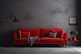 Living Room With Red Sofa And Gray Walls