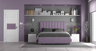 purple and gray master bedroom stock