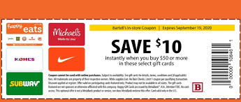 If you received a promo code from us via email, you should automatically see this appear in your wallet when logged into your kohls.com account. Expired Bartell Drugs Buy 50 Select Gift Cards Save 10 Instantly Nike Kohl S Michaels Happy Subway Ends 9 19 20 Gc Galore