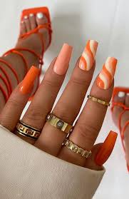 peach orange swirl coffin nails