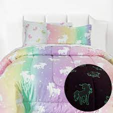 Kids Rule 7 Piece Unicorn And Stars Glow In The Dark Bedding Set Rainbow Colors Pink Multicolored Full Uni7cmf