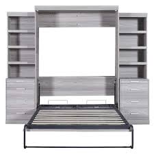 Gray Wood Frame Full Size Murphy Bed With 8 Storage Shelves And 8 Drawer Folded Into A Cabinet
