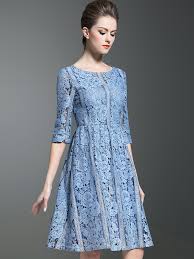 Light Blue Lace Midi Dress With Cutwork Trim Metisu