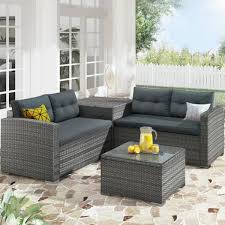 Afoxsos Patio Gray 4 Piece Pe Rattan Wicker Outdoor Sectional Set With Gray Cushions Storage Box And Coffee Table