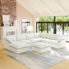 Magic Home 163 In Overstuffed Down Filled Comfort Linen Flannel U Shape 8 Seat Sofa Modular Sectional With Ottoman White