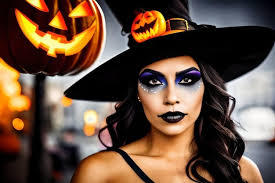 witch makeup in a costume near pumpkins