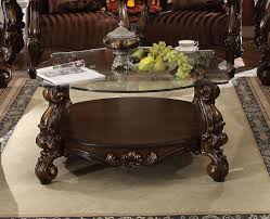 Wood Carved Accents Glass Top Coffee Table