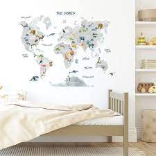 Animal World Map Wall Decal Grey World