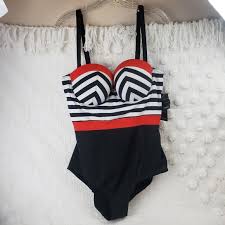 Torrid Red White Black Striped Retro Swimsuit 1 Nwt
