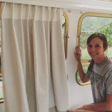 Airstream curtain track standoff $ 7.99 select options; Gold Trim Around Windows Beautiful Custom Black Out Curtains By The Amazing Miss Haley Airstr Sewing Supplies Storage Airstream Remodel Diy Curtains