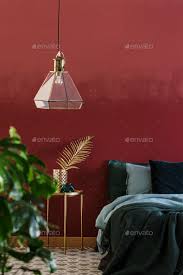 Lamp In Maroon Bedroom Stock Photo By