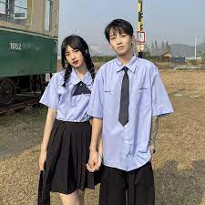 學院風jk制服短袖藍色領帶襯衫女寬鬆大尺碼情侶裝夏裝學生班服校服-Taobao