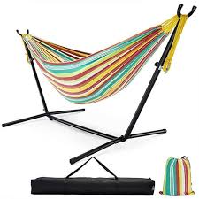 You are ensured optimum relaxation and comfort while lounging in this hammock. Adjustable Hammock Stand And Double Hammock With Carrying Bag 550 Lbs Capacity Green Red Yellow Stripe 53 X 9 X 6 Inches Overstock 33563193