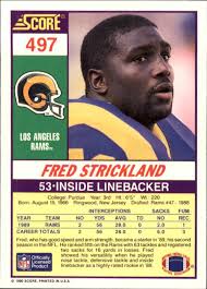 1990 Score #497 Fred Strickland RC back image. Front; Back; Zoom - back
