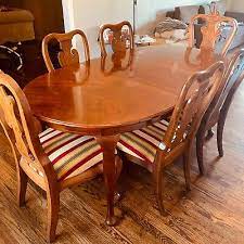 Text or call show contact info for more information!!! Dining Set Oval Table American Drew Cherry 7 Pieces Used 6 Chairs W Leaf Ebay