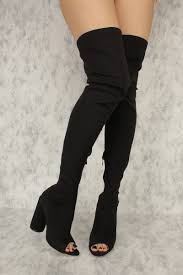 Black Knit Lycra Thigh High Peep Toe Round Chunky Heel Ami Clubwear Boots