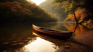 canoe in a peaceful scene near fall