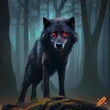 Majestic black wolf with red eyes with a forest background in the night,  fantasy stile on Craiyon