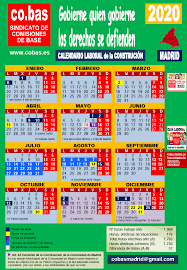 Además puedes el calendario en formato pdf o jpg y añadir el calendario de barcelona a tu página web Calendario Laboral 2020 De La Construccion De Madrid Co Bas