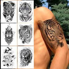 Купить Реалистичная временная татуировка тигра для мужчин, женщин, взрослых  и детей, черный лев, волк, геометрические татуировки, наклейка, поддельный  цветок, моющаяся татуировка на руку | Joom