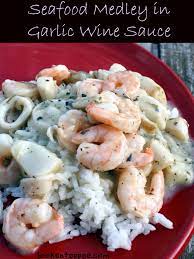 seafood medley in garlic wine sauce a