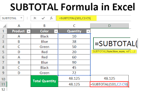 subtotal formula in excel how to use