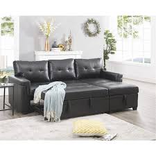 homestock black reversible air leather sleeper sectional sofa storage chaise