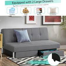 convertible futon sofa bed adjule couch sleeper with two drawers grey