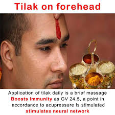 Vibe Indian - Tilak on the forehead On the forehead, between the two eyebrows, is a spot that is considered as a major nerve point in the human body since ancient times.
