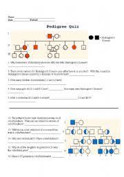 In a pedigree, a square represents a male. English Worksheets Pedigree Quiz