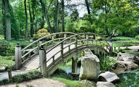 Wooden Garden Bridge Over Small Water