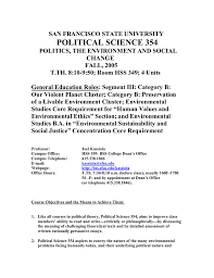 political science  san francisco state university political science 354 politics the environment and social change fall 2005 t th 8 10 9 50 room hss 349 4 units general