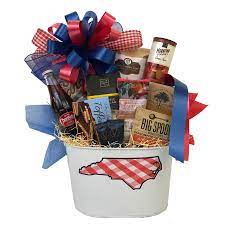 2 old colony cookies 1 cheese zingers 1 chocolate starfish 1 east shore pretzels 1 flavored mustard 1 cheese spread 1 3 pepper water crackers, 1 annies caramel corn, 1 wine biscuits from los olivos 1 hand decorated sanddollar. Taste Of Nc Gift Basket Gingham Posh