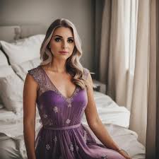 A Woman In A Purple Dress Sits On A Bed