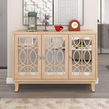Natural Wood 47 2 In Sideboard Modern Buffet Cabinet Storage Console With 3 Glass Doors And Adjustable Shelves