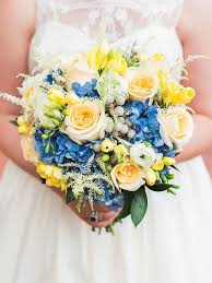 Hydrangea and yellow rose bouquet. A Cool Blue Hydrangea And Yellow Roses Bridal Bouquet Happywedd Com