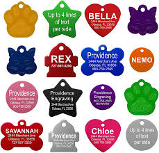 You can choose a paring in the same color, or mix and match for cool funky look. Amazon Com Providence Engraving Pet Id Tags Small Or Large Personalized Anodized Aluminum Pet Id Tags In Bone Round Star Heart Hydrant Paw And Cat Face Shapes And 9 Colors For