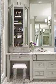 gray bath vanity with lucite stool